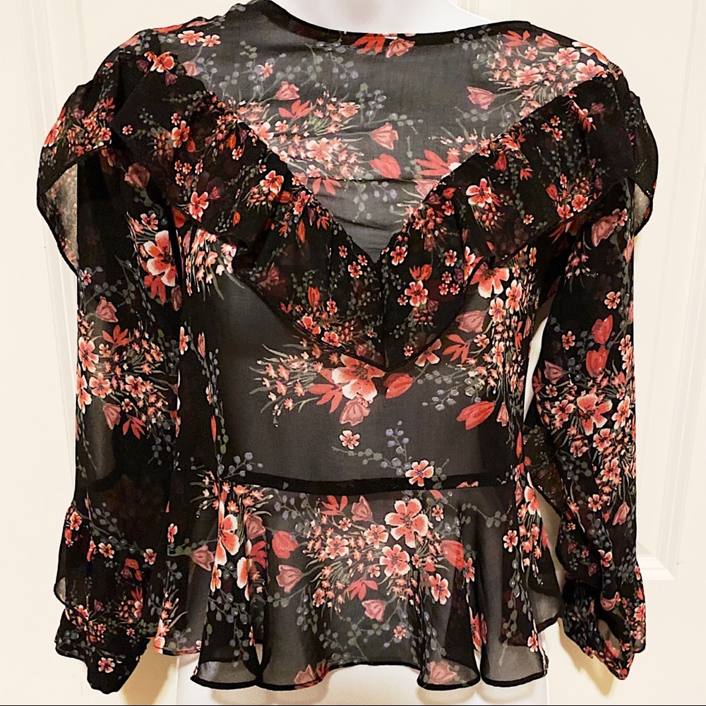 3/$20 🎉 Zara sheer black floral top with long sleeves and v-shaped ruffles, XS